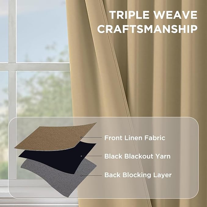 Joydeco 72 Inch Blackout Curtains for Bedroom, Thermal Insulated Black Out Curtains, Room Darkening Drapes for Living Room Window Rod Pocket Back Tab (W52 x L72 Inch, Beige)