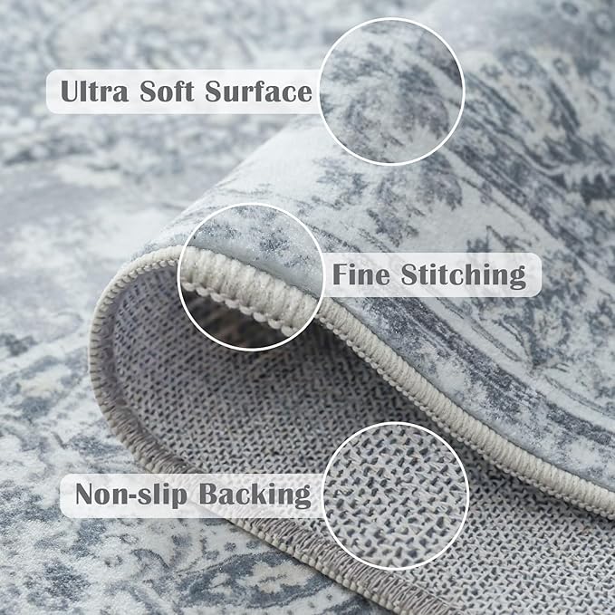 jinchan Washable Area Rug 8x10 for Living Room Soft Faux Wool Ultra-Thin Stain Resistant Non-Slip Distressed Vintage Floral Large Carpet for Bedroom,Dining Room,Home Office,Nursery(Grey, 8'x10')