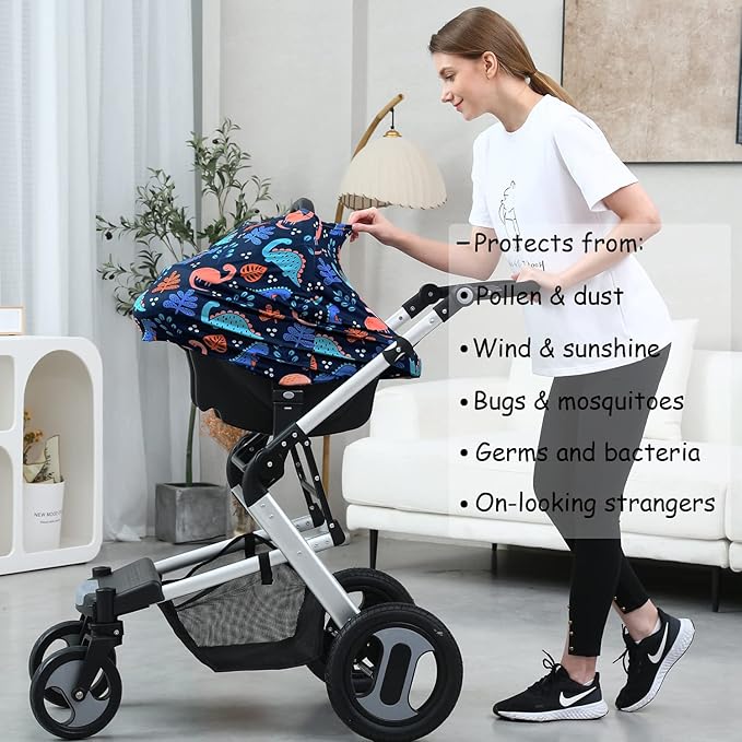 Car Seat Covers for Babies - Multi-use Carseat Canopy Cover Breastfeeding Covers, Stroller Canopy Cover (Navy Dinosaur)