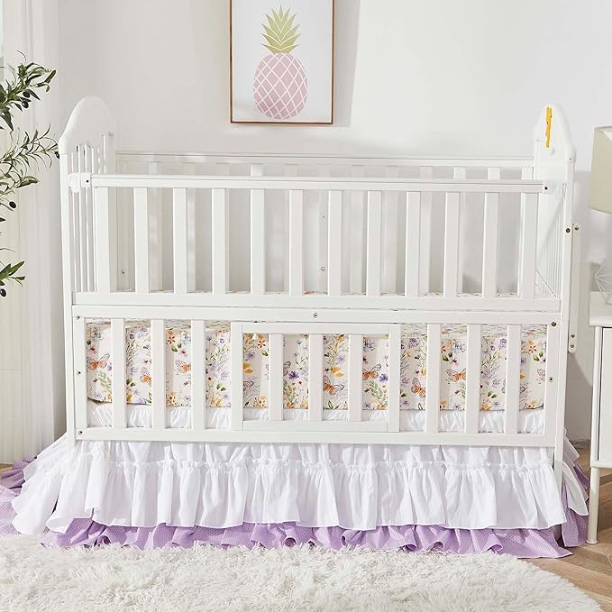 Brandream Wildflower Butterfly Crib Bedding Sets for Girls Nursery Set 3-Piece Farmhouse Quilt Comforter Set, Baby or Toddler Fitted Sheet, Double Crib Skirt, Cotton