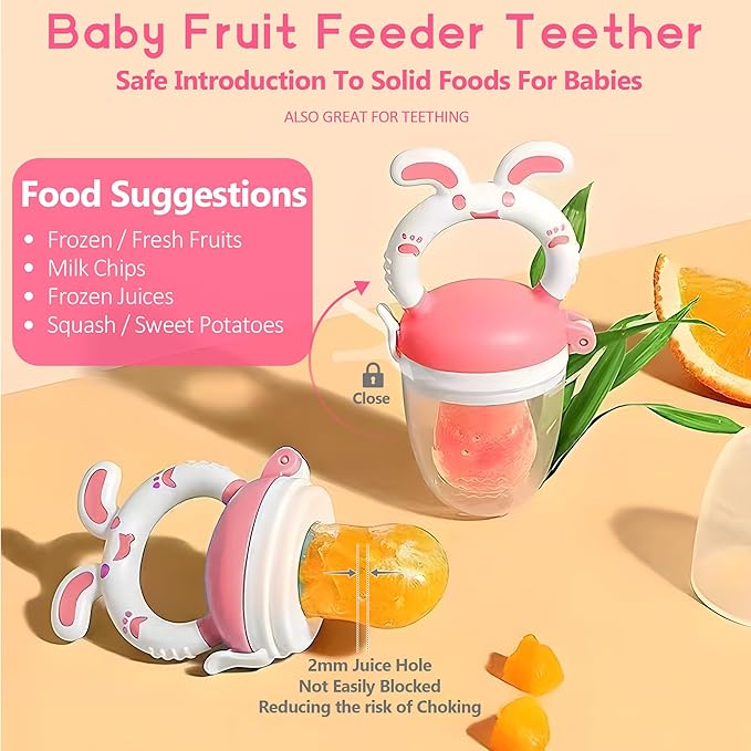 WAJIAYON Baby Fruit Feeder Pacifier - 6 Pack | 2 Infant Food Feeder Pacifier & 2 Baby Food Dispensing Spoon | Fresh Fruit Teethers for Babies | Silicone Feeder Babies,Infant Teething Feeders -Pink