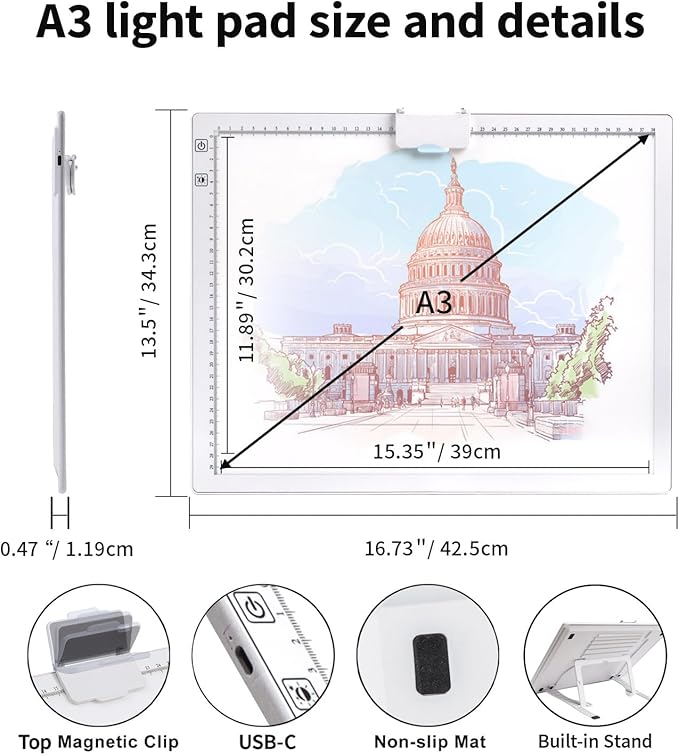 Rechargeable A3 Diamond Art Light Board with Padded Case,Light Pad with Stand,3 Colors Stepless Dimmable and 6 Levels of Brightness Light Box for tracing,Diamond Painting,Drawing,Sketching(White)