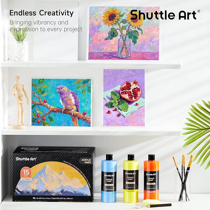 Shuttle Art Acrylic Paint, 15 Pack Acrylic Paint Large Bottle Set, 473ml/16oz Each, 14 Unique Colors and 1 More White, High Viscosity Art Paint for Artists, Beginner & Kids on Rocks Canvas WoodCeramic
