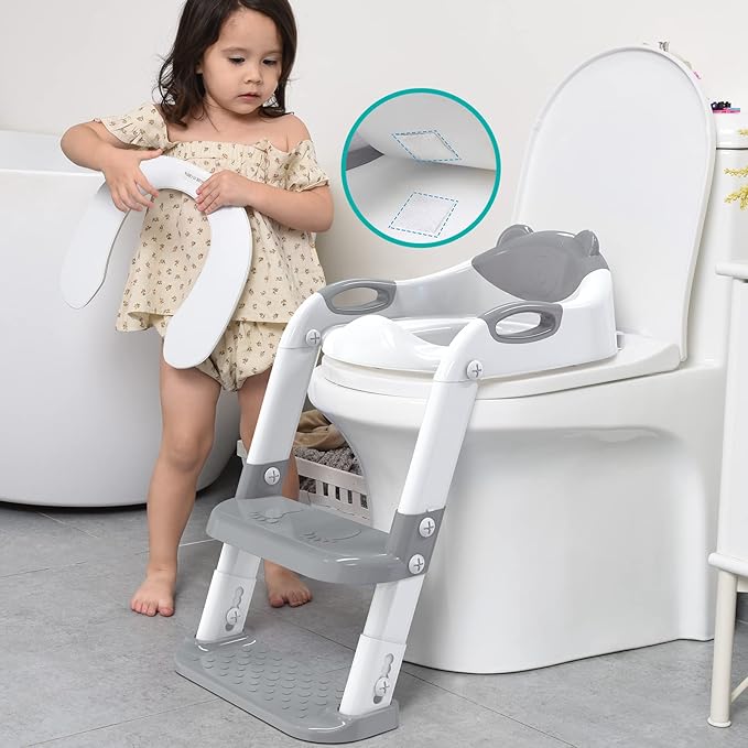 SKYROKU Toilet Potty Training Seat with Step Stool Ladder, Toddler Potty Seat for Kids and Toddler Boys Girls, Splash Guard and Safety Handles(Grey)