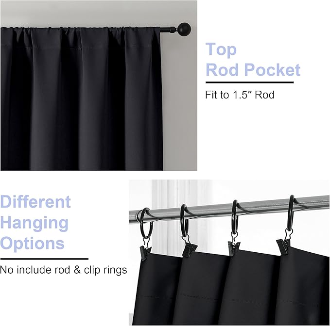 Simplebrand Ava Blackout Extra Long 10ft Curtains for Patio 120 Inches Long 2 Panels Set, Solid Thermal Insulated Energy Saving Rod Pocket Window Treatment Curtains Blackout Drapes, 50 Wx120 L, Black