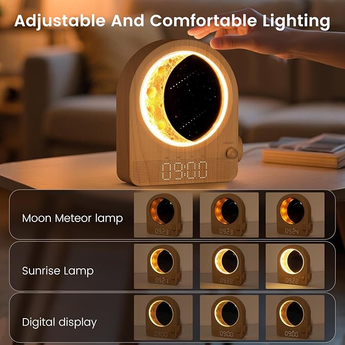 Sunrise Alarm Clock, White Noise Machine & Meteor Moonlight - 10 Soothing Sounds, Dual Alarms, 30/60/90min Timer, Easy Snooze - Bedroom Gift for Insomnia Adults/Women - Wood