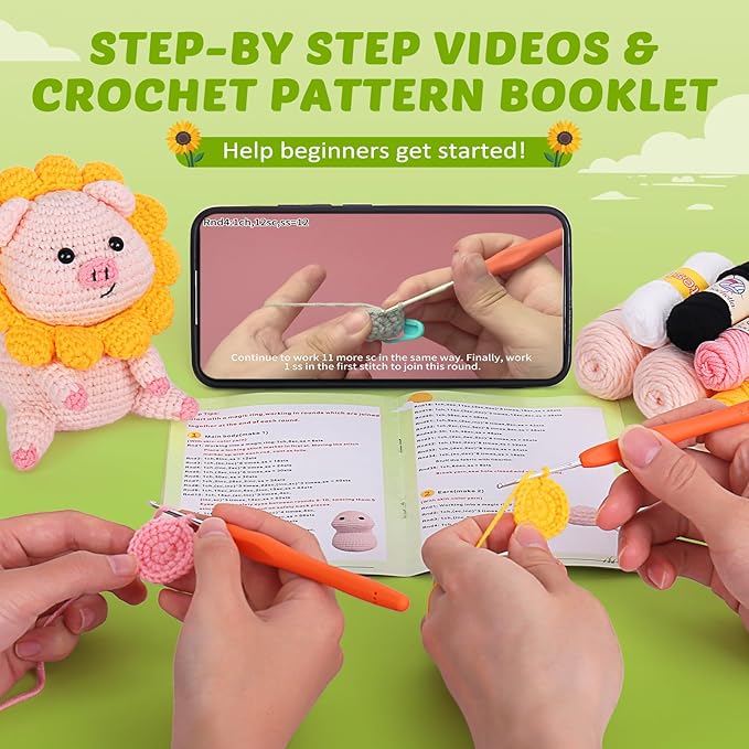 Crochet Kit for Beginners, Crochet Kit w Step-by-Step Video Tutorials, Crochet Starter Kit Learn to Crochet Kits for Adults Kids Beginners, Crochet Kit Pig (40%+ Yarn Content)