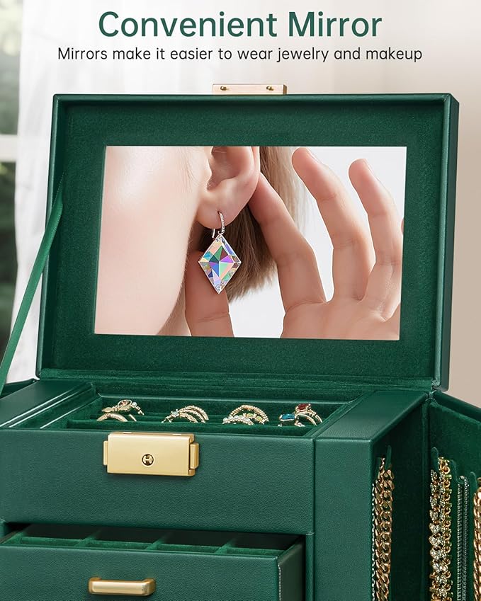AKOZLIN 4-Tier Jewelry Box Leather Jewelry Storage Organizer with 3 Drawers Lockable for Women Girls Ring Necklace Earring Bracelet Holder with Mirror Forest Green