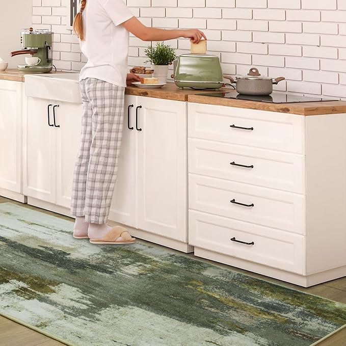 Washable Runner Rug, 2x6 Kitchen Rugs Green Long Runner Rugs with Rubber Backing, Abstract Non-Slip Carpet Runners for Hallways, Kitchen, Bedroom, Laundry, Entrance