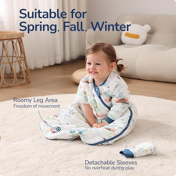 Baby Sleep Sack 3-6 Months, Cotton Detachable Long Sleeve Sleep Sack, 2.5 Tog Toddler Sleeping Sack with Temperature Strips, 2-Way Zipper Wearable Blankets for Newborns, Dinosaur