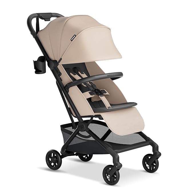 Mompush Velo Lightweight Travel Stroller – One-Hand Fold, Ultra-Compact & Airplane Friendly, Lie-Flat Recline Seat (from Birth to 50 lbs), Includes Cup Holder, Shoulder Strap, and Leather Bumper Bar