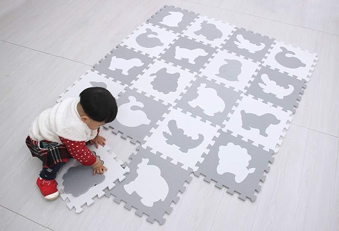 qqpp EVA 18 Tiles Baby Play Mat for Playing, Interlocking Foam Floor Mats for Tummy Time & Crawling, Flooring Tiles with Animals Puzzle for Kids. QP-51(AL) b18N