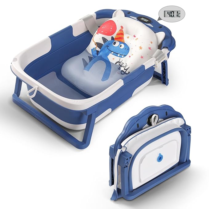 Baby Bathtub,Collapsible Baby Bath Tub with Thermometer & Soft Floating Cushion,Portable Travel Baby Bathtubs for Newborns to Toddlers 0-36 Months(Bear Blue)