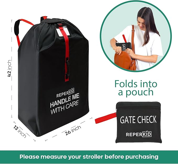 reperkid Medium Stroller Bag for Airplane Travel, Black & Red, 42" H x26 W x13 D, Fits Most Single Strollers Incl. Jogging & Standard Models – Premium Waterproof Cover, Adjustable Shoulder Straps