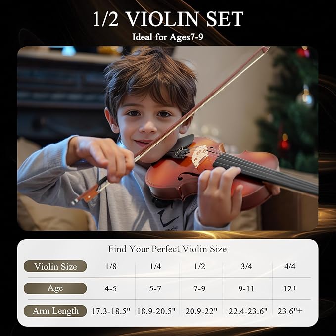 1/2 Violin Kit, Beginner Violin for Kids, Students, Complete Kids Violins Set with Case, Bow, Rosin, Ideal for Kids Violins Beginner Ages 5-9, Brown
