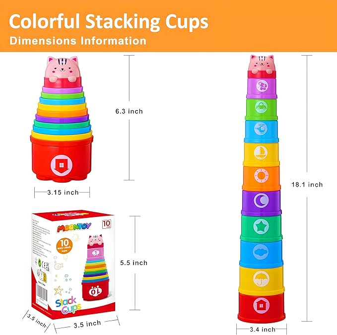 MOONTOY Stacking Cups Baby Toys 6 10 12 18 Months, Montessori Toys for 1 Year Old Toddler Learning Toy with Numbers Shapes Patterns, Baby Bath Toy 6-12 Months, Gifts for 1 2 3 Year Old Boys Girls