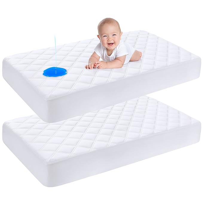 Yoofoss Waterproof Crib Mattress Protector 2 Pack, Quilted Crib Mattress Pad Cover Ultra Soft and Breathable, Machine Washable Toddler Mattress Protector for Standard Baby Crib Size 52''x28''