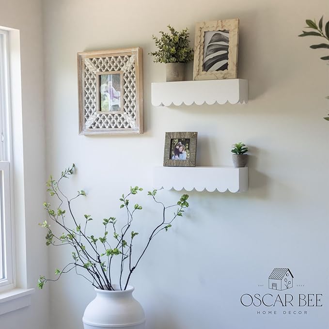 White Floating Cloud Shelves – Set of 2 Scalloped Wooden White Floating Cloud Shelves for Wall, Pre-Assembled Nursery Bookshelves for Baby, Toddler & Kids Room, Montessori Wall Shelf Display