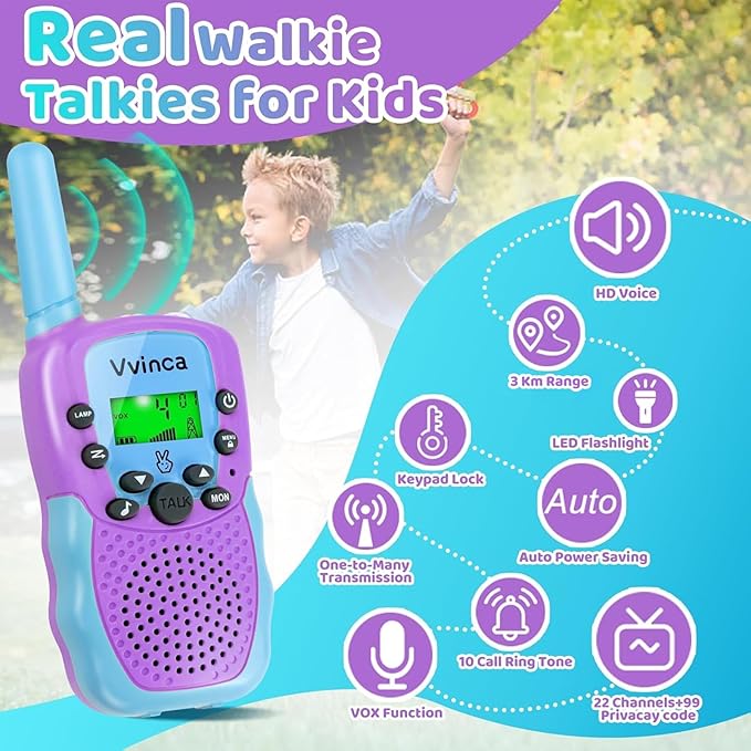 Vvinca Rechargeable Walkie Talkies for Kids 4 Pack, 5-7 Year Old Boy Toys Long Range 22 Channels 2 Way Kids Walkie Talkie with Flashlight for Camping Hiking Indoor Outdoor 3 4 5 6-12 Girl Boy Gift