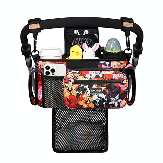 TOPDesign Universal Baby Stroller Organizer, Stroller Caddy with Detachable Mesh Bag & Heightened Insulated Cup Holders & Non-Slip Secure Hooks Accessories, Fits Most Strollers (Five Petal Flower)