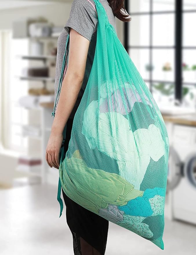Mesh Laundry Bags with Adjustable Shoulder Strap, 24" x 36" Heavy Duty Nylon, Drawstring Closure, 3-Pack, Mixed Colors