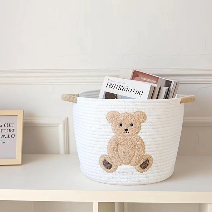 INough Cotton Rope Basket Toy Storage Baskets for kids Laundry Hamper, Gift Basket Empty Baby Shower Baskets with Handles, Cute Bins Blanket Stuffed Animal Storage for Nursery, Living Room Decor, Bear