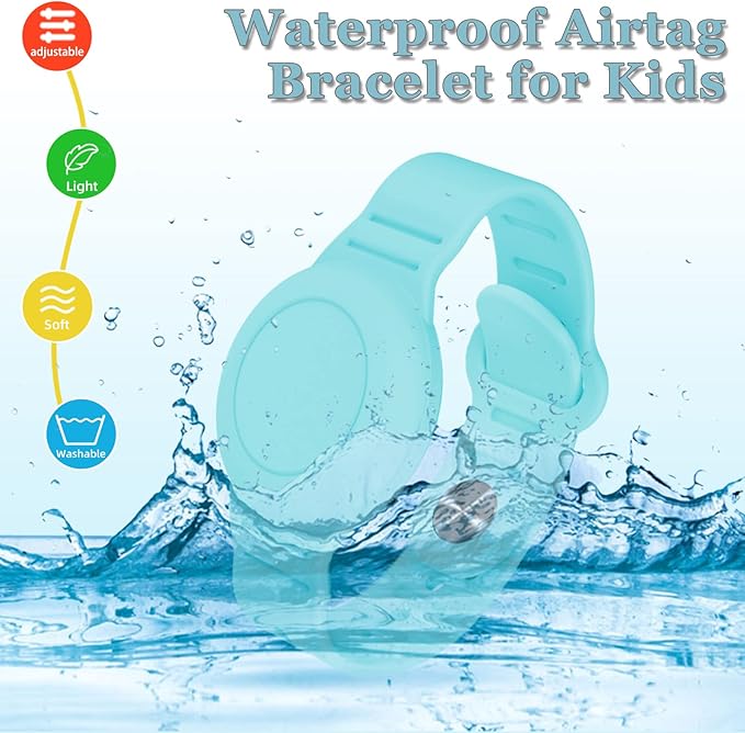 Kids Waterproof Airtag Bracelet Compatible with Apple AirTag, Hidden Silicon Protective Case for Air Tag GPS Tracker Holder, Adjustable Anti-Lost Watch Band for Toddler Child (Cyan)