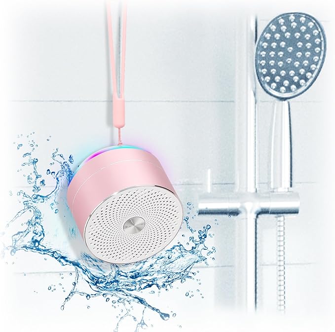 Mini Bluetooth Shower Speaker, IPX6 Waterproof Speaker, with RGB Lights, Mic, Portable Silicone Lanyard, Suction Cup, Clear Sound&Rich Bass, 12h Playtime, Small Pink Gifts for Girls Women