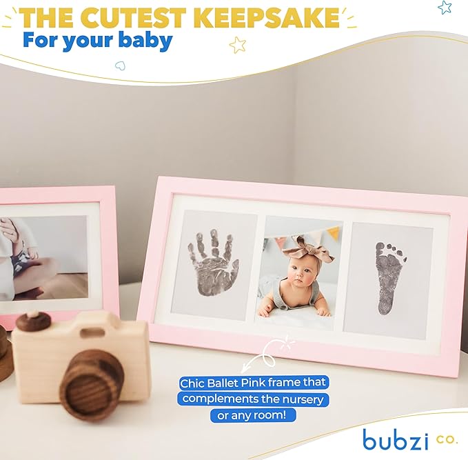 Bubzi Co Baby Handprint Kit & Footprint Photo Frame for Newborn Girls and Boys, Unique Baby Shower Gifts Set for Registry, Memorable Keepsake Decorations for Room Wall or Nursery Decor (Ballet Pink)