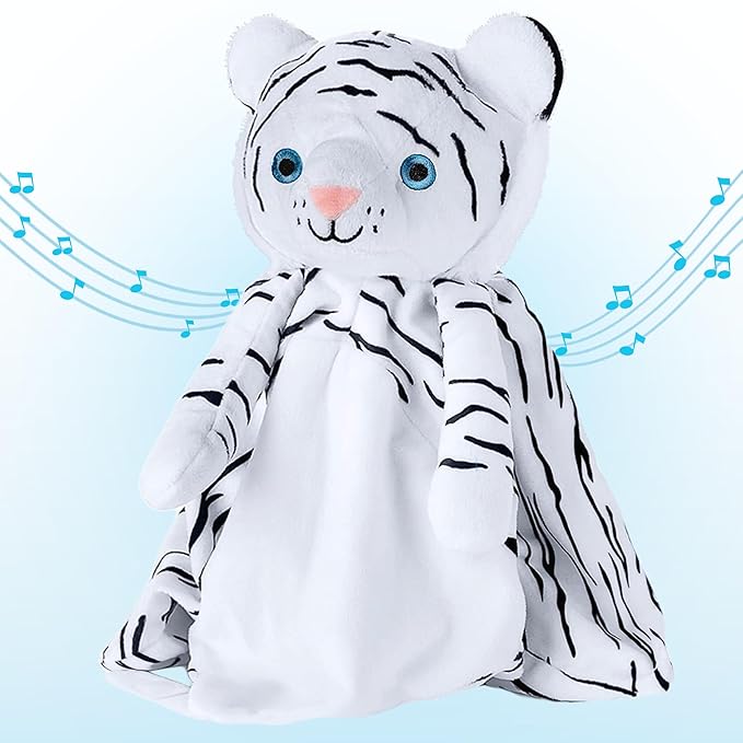 Love By Emi Baby Music Lovey White Tiger, Baby Sleep Soother for Crib & Cuddle Bedtime, White Noise with a Heartbeat & Lullaby, Plush Sound Machine Toy, Stuffed Animal for Newborns, Infants & Toddlers
