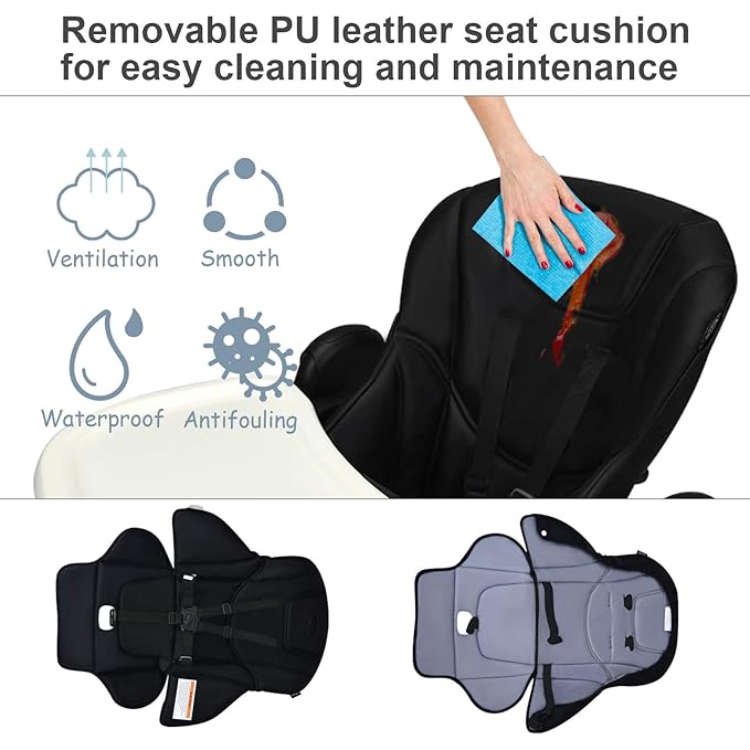 INFANS High Chair for Babies & Toddlers, Foldable Highchair with Multiple Adjustable Backrest, Footrest and Seat Height, Removable Tray, Detachable PU Leather Cushion, Built-in Rear Wheels (Black)