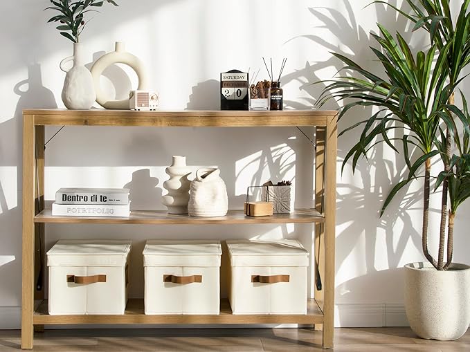 StorageWorks Large Storage Bins with Lids, Decorative Storage Boxes with Lid and PU Handles, Foldable Storage Baskets for Closet, Shelves, Stackable, Ivory, 3-Pack