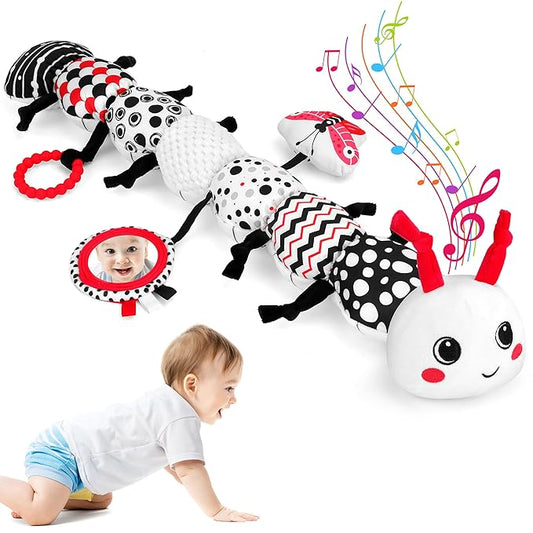 Baby Toys 0-12 Months - Musical Caterpillar Stuffed Animal Soft Plush Toys for Infant Girls Boys 3 6 12 Months Tummy Time Sensory High Contrast Black White Newborn Toys Gifts, W/ Mirror Rattle