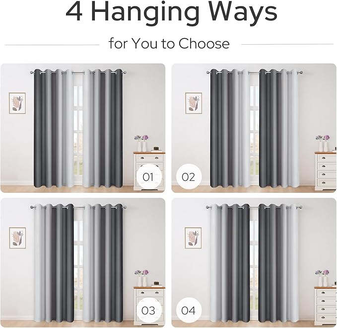 HOMEIDEAS Gray Grey Ombre Blackout Curtains, 52 X 96 Inch Length Gradient Color Room Darkening Curtains with Grommet Thermal Insulated Window Drapes for Living Room, Bedroom, 2 Panels