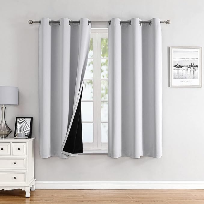 ChrisDowa 100% Blackout Curtains for Bedroom with Black Liner, 2 Thick Layers Total Blackout Thermal Insulated Grommet Small Window Curtains 2 Panels Set (Greyish White, 42 x 45 Inch)