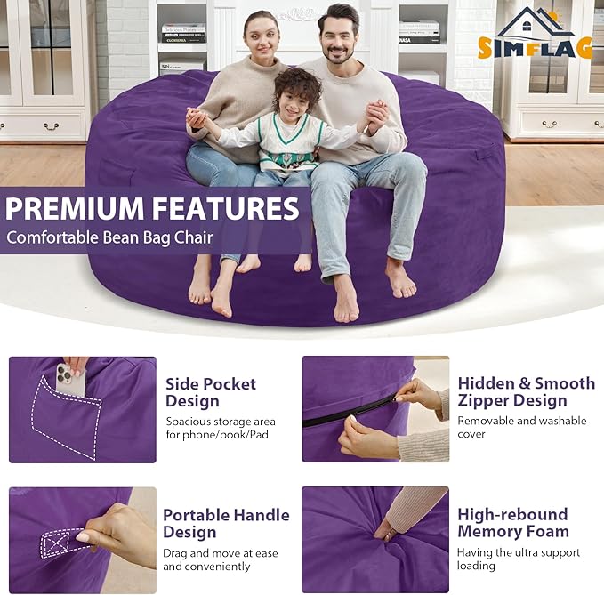 6FT Bean Bag Chair, Large Bean Bag Chairs with Memory Foam Filled, Fluffy Beanbag Sofa with Dutch Velvet Cover, Round BeanBag Chairs for Living Room, Playroom - Purple