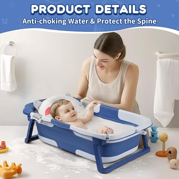 Baby Bathtub,Collapsible Baby Bath Tub with Thermometer & Soft Floating Cushion,Portable Travel Baby Bathtubs for Newborns to Toddlers 0-36 Months(Bear Blue)