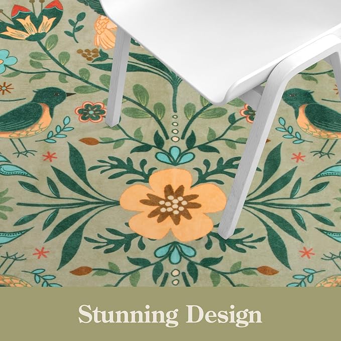 Moynesa Area Rugs 9x12 Living Room Washable, Ultra Thin Soft Boho Bird Bedroom Rug Easy Clean, Low Pile Indoor Multi Color Large Sage Green Carpet for Dining Room Kid Playroom Nursery