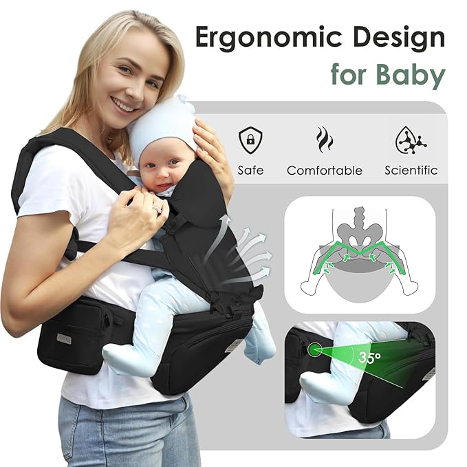 FRUITEAM Baby Carrier Newborn to Toddler 6 in 1 Hip Waist Stool with Head and Lumbar Support, Safety - Certified Hip Seat Carrier, Adjustable & Removable Baby Carrier for All Seasons, Black