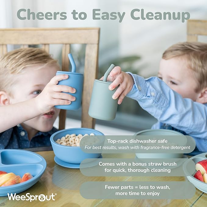 WeeSprout Silicone Baby Cups With Straws and Lids, 4 & 8 oz Options, Set of 2, Food Grade Toddler Training Container, Built In Straw Stoppers, Measurement Markings, Dishwasher Safe + Straw Cleaner
