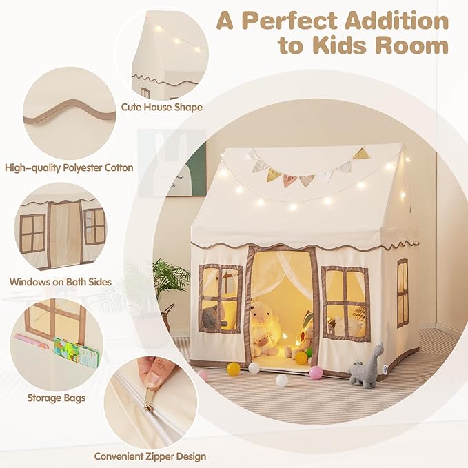 INFANS Kids Play Tent with Washable Mat Star Light Windows, Anti-Trip Large Playhouse Toys for Children Boys Girls, Indoor Outdoor Princess Tents Castle for Toddlers (Beige)