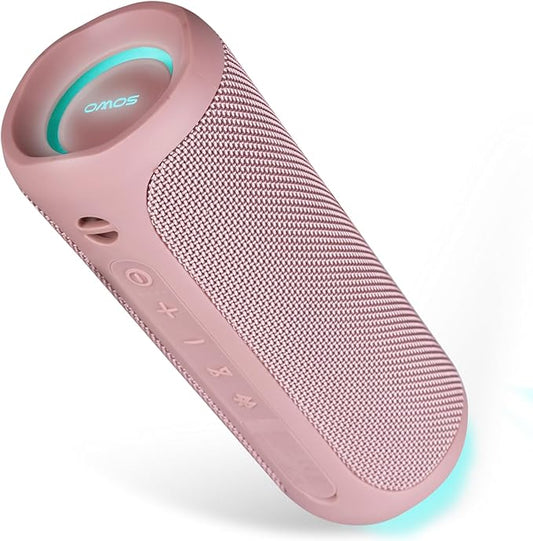 SOWO Outdoor Wireless Portable Bluetooth Speaker, IPX7 Waterproof Speaker, 25W Loud Sound, Bassboom Technology, TWS Pairing, 16H Playtime with Lights - Pink