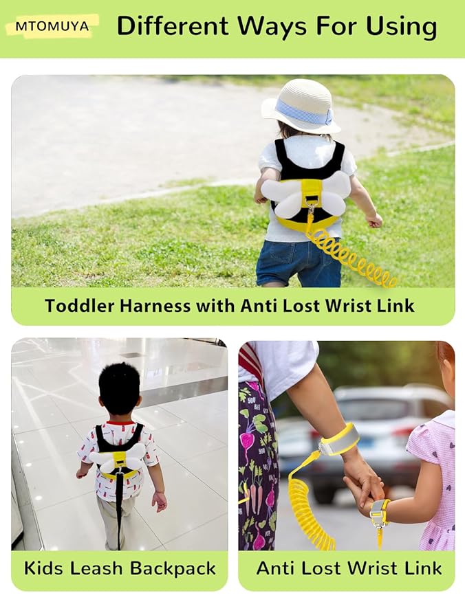 Toddler Harness with Anti Lost Wrist Link - Cute Children Leashes, Yellow Bees Baby Traction Safety Rope Leash with Key Lock Design, for Boys/Girls Walking Assistant