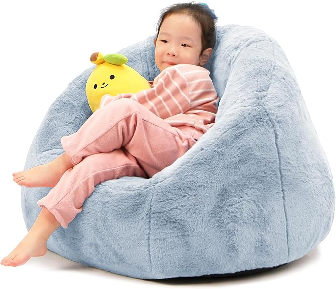 N&V Small Bean Bag Chair for Kids, Children Mini Bean Bag Sack, Foam Filling, Includes Removable and Machine Washable Cover, 27in, Soft Faux Fur (Grey)