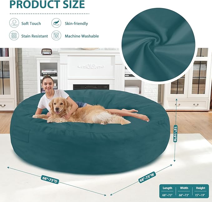 7FT Bean Bag Chair, Large Bean Bag Chairs with Memory Foam Filled, Fluffy Beanbag Sofa with Dutch Velvet Cover, Round BeanBag Chairs for Living Room, Playroom - Sea Blue
