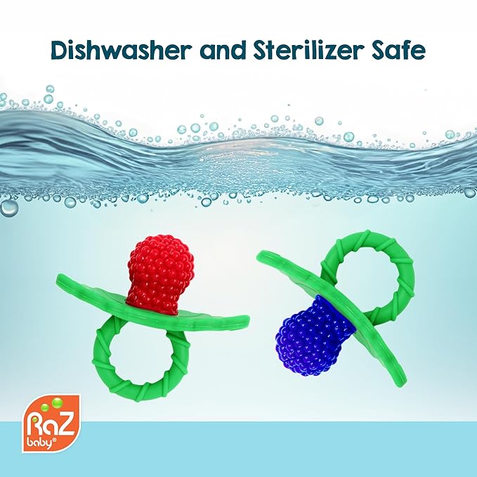 RaZbaby RaZberry Silicone Teether Pacifier – Teething Relief for Infants, Food-Grade, BPA-Free, Hands-Free Design, Natural Berrybumps Fruit Texture for Sensory Development, Freezable – Light Blue