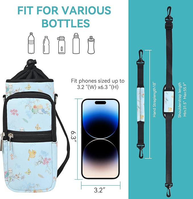 25/32/40/64oz Water Bottle Bag Holder Carrier-Insulated Crossbody Sling Case Sleeve with Strap & Pockets for Men Women Gym Cycling Travel Walking Hiking Camping