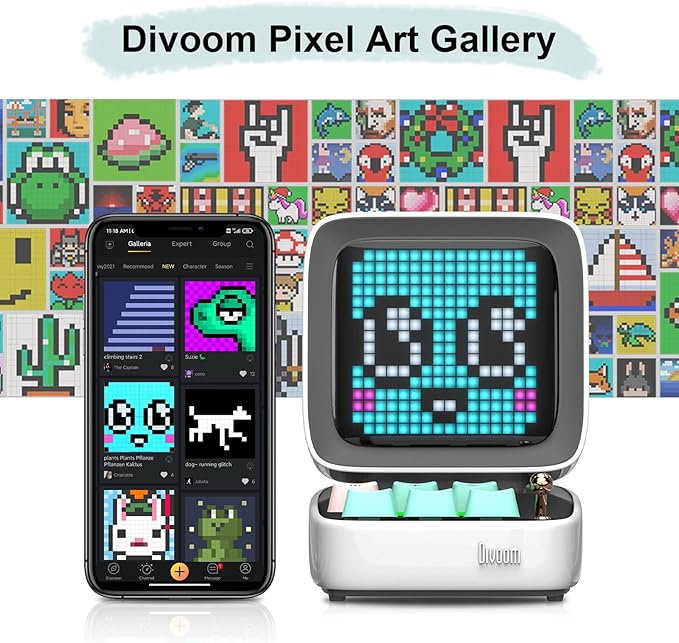 Divoom Ditoo Pixel Art Gaming Portable Bluetooth Speaker with App Controlled 16X16 LED Front Panel, Also a Smart Alarm (White)