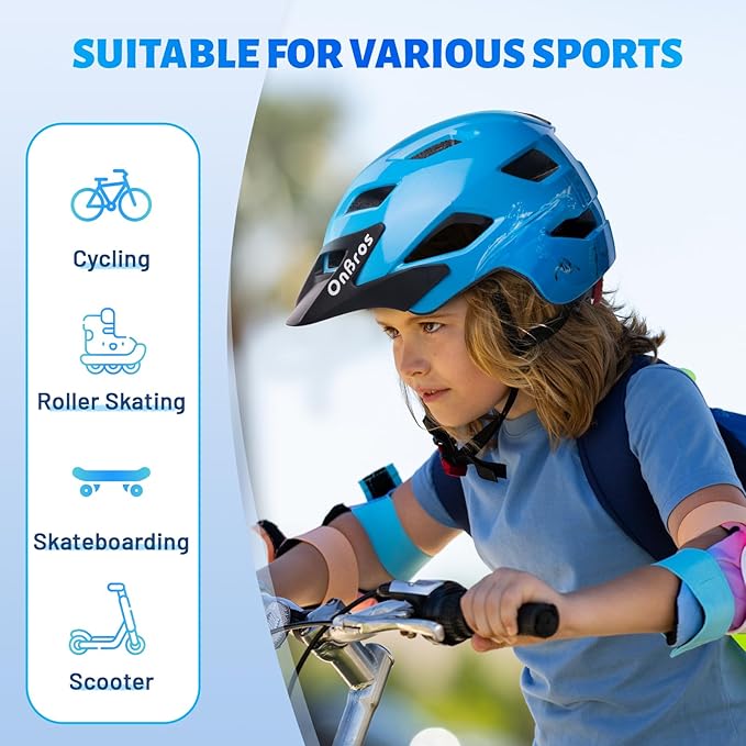 OnBros Kids Bike Helmet - Bike Helmets for 5-14 Boys or Girls with Visor, Children Bicycle Helmet for Skateboard Mountain Scooter Road Cycling, Lightweight and Adjustable 50-57CM