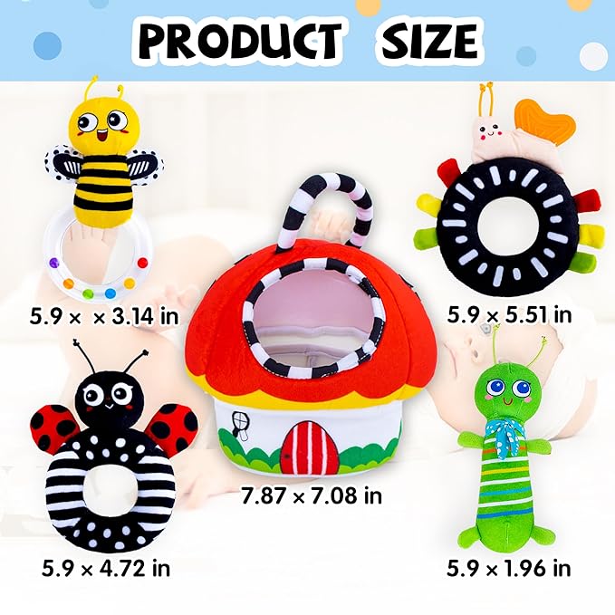 Baby Rattle Toys, Infant Soft Stuffed Animal Rattles Set - Sensory Development Toys, Baby Toys Stuffed Animals Soft Crinkle Sensory Handbells Baby Rattles, Soft Busy Toys for Toddlers Boys Girls